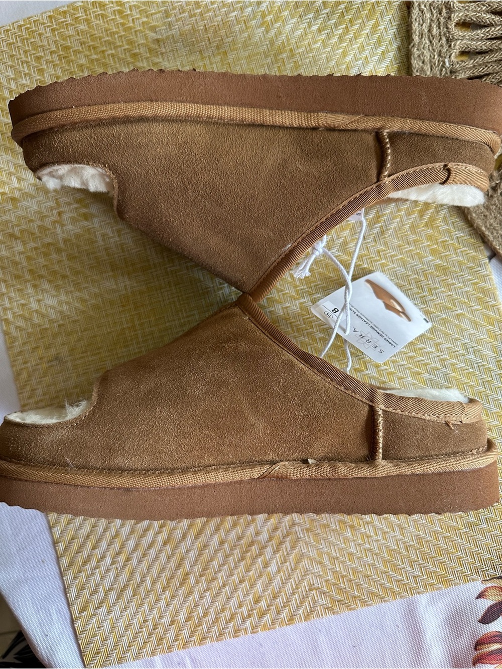 SERRA Chestnut Brown Genuine Leather Mules with Shearling Trim - Picture 3 of 7